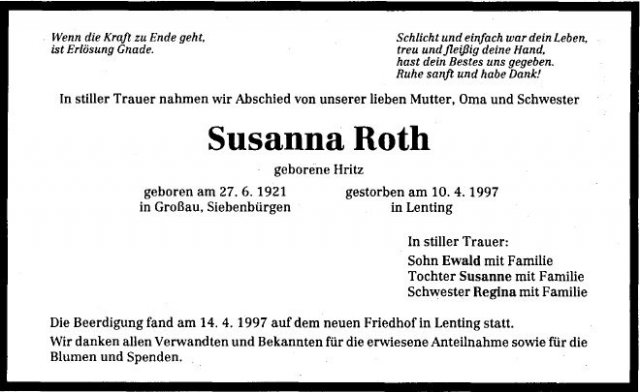 Hritz Susanna 1921-1997 Todesanzeige